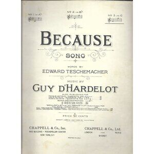 Because Song Sheet Music By Edward & DHardelot Vintage 1930s Chappell & Co